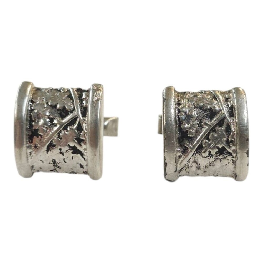 Embossed Ivy Pattern Cufflinks Vintage Pewter Silver Tone MCM Jewelry Two Tone - Picture 3 of 11